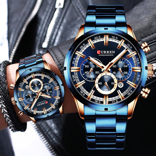 Luxury brand CURREN men's fashion watch, blue business advanced style chronograph, sports waterproof men's quartz watch